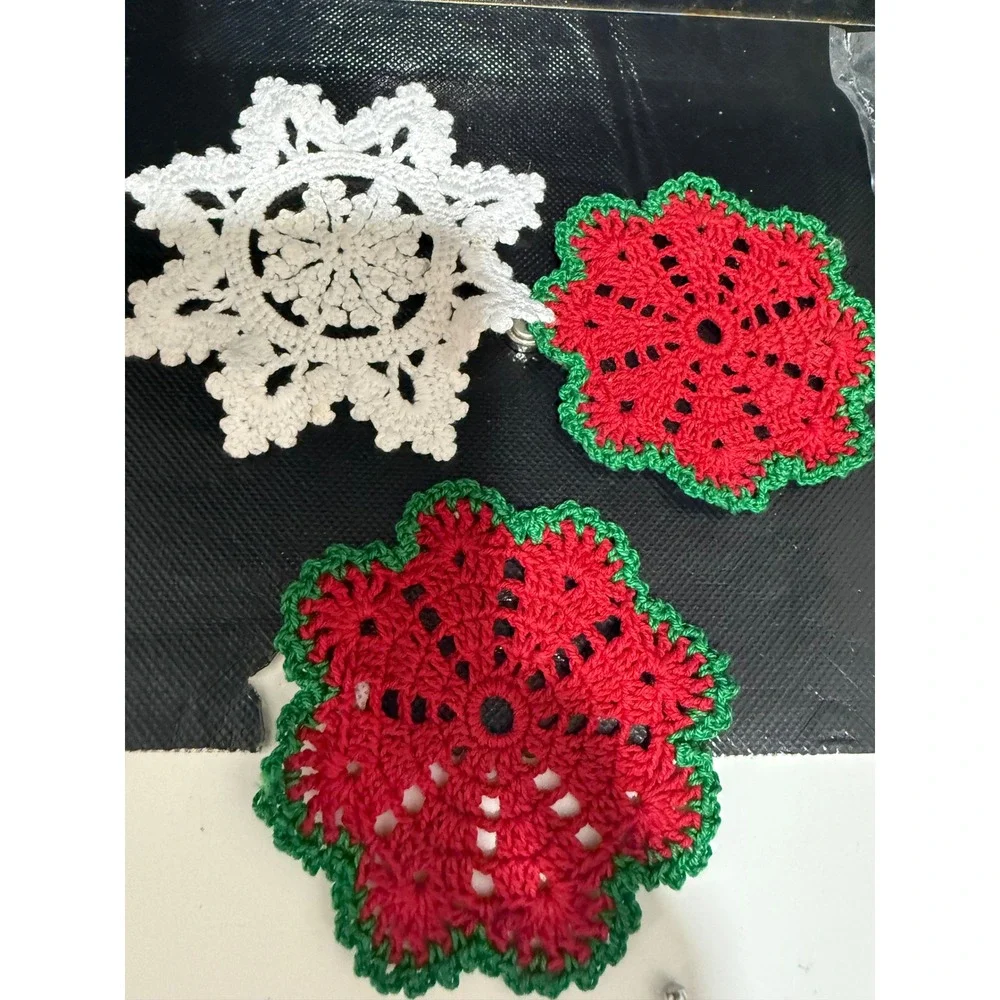 Handmade Crochet Christmas Coasters White Snowflake Red Green Poinsettia Set 3